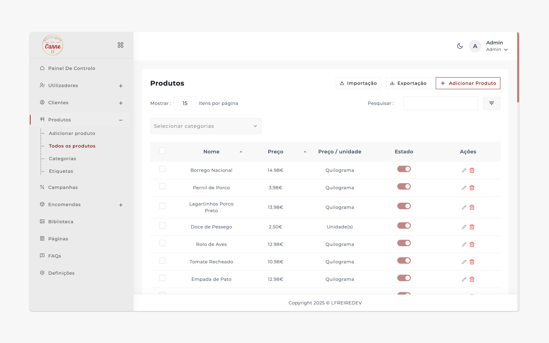 Admin product listing view